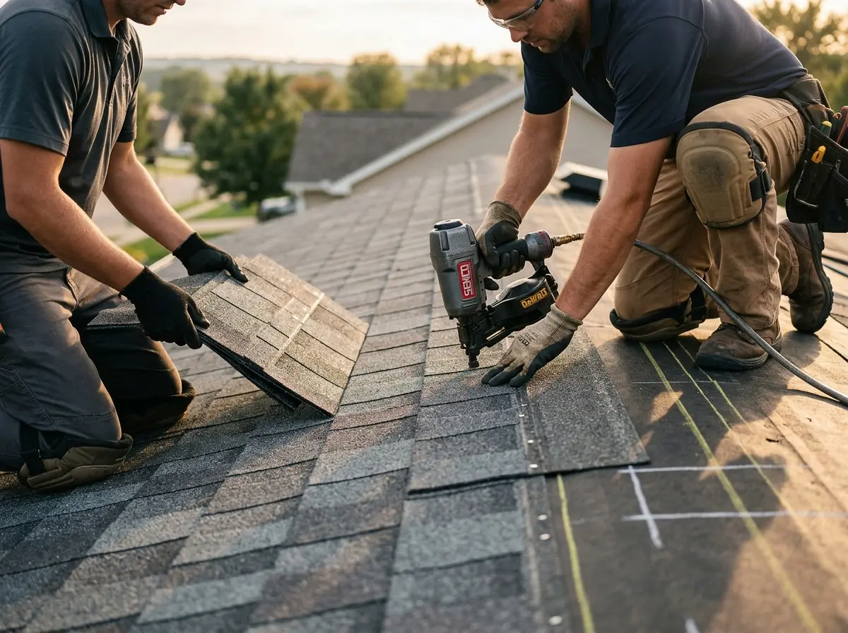 Professional roofer working on a residential roof in Upland